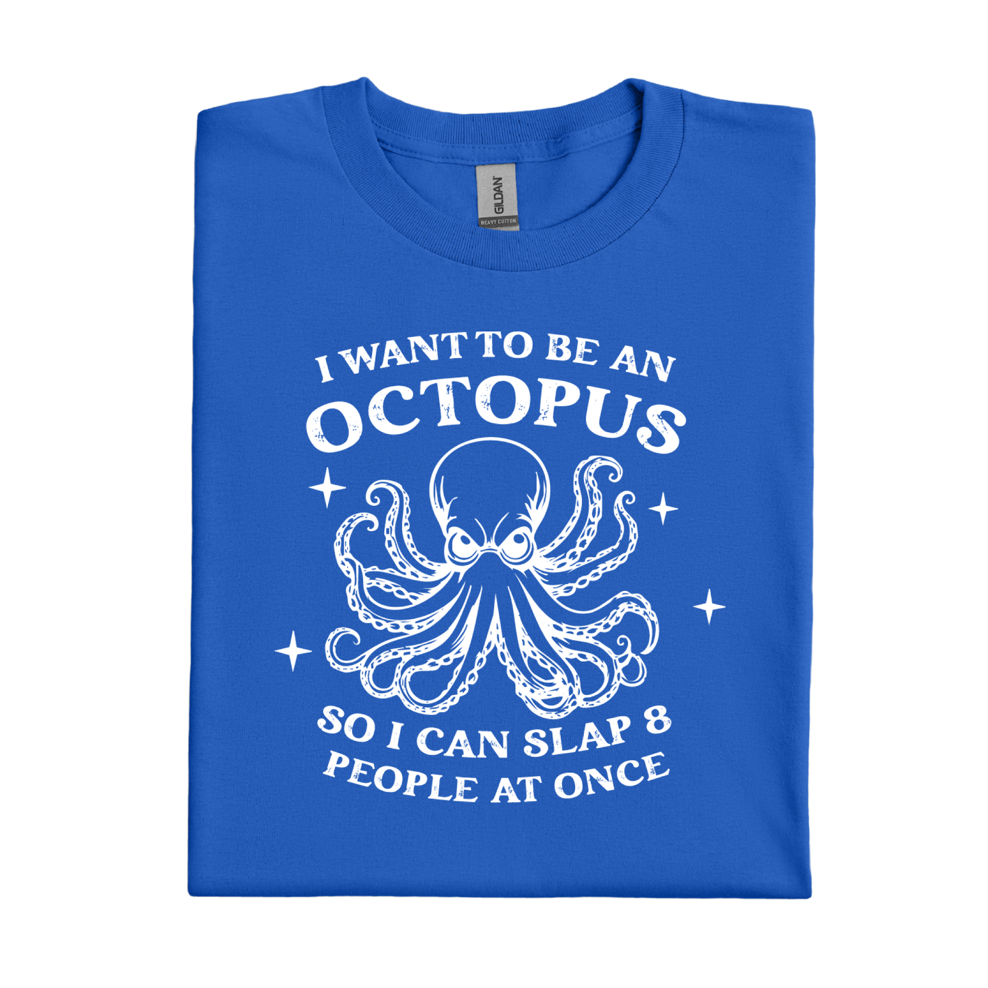 Royal Blue t-shirt with white octopus graphic and text on a white background