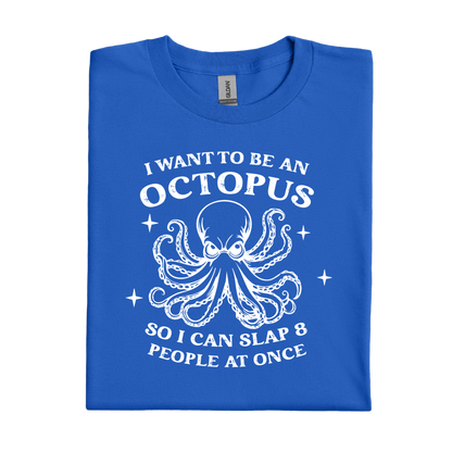 Royal Blue t-shirt with white octopus graphic and text on a white background