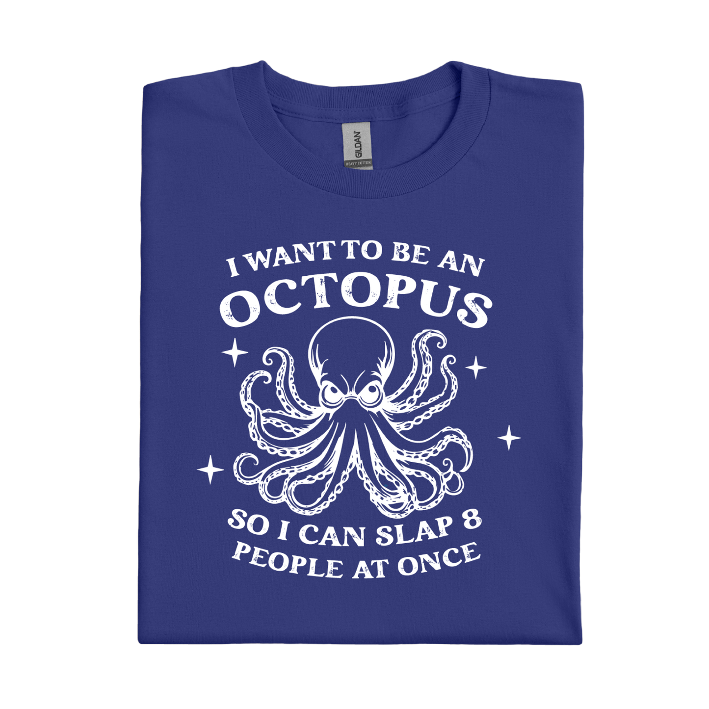 Cobalt Blue t-shirt with white octopus graphic and text on a white background