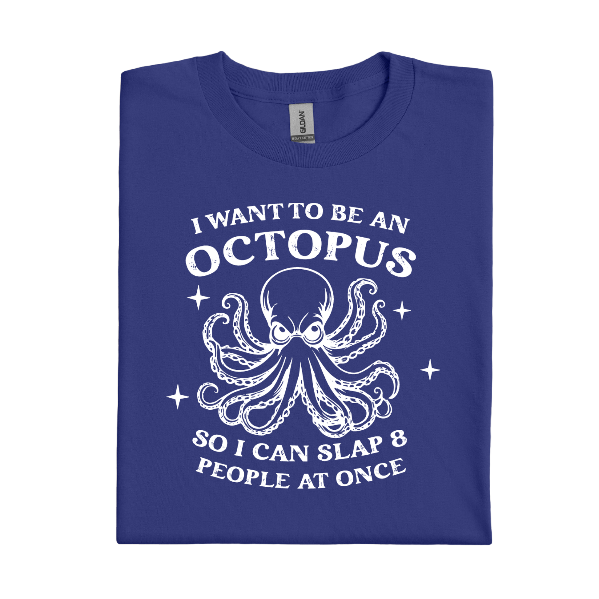 Cobalt Blue t-shirt with white octopus graphic and text on a white background