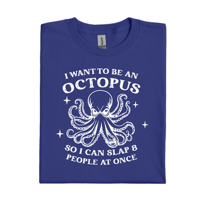Cobalt Blue t-shirt with white octopus graphic and text on a white background