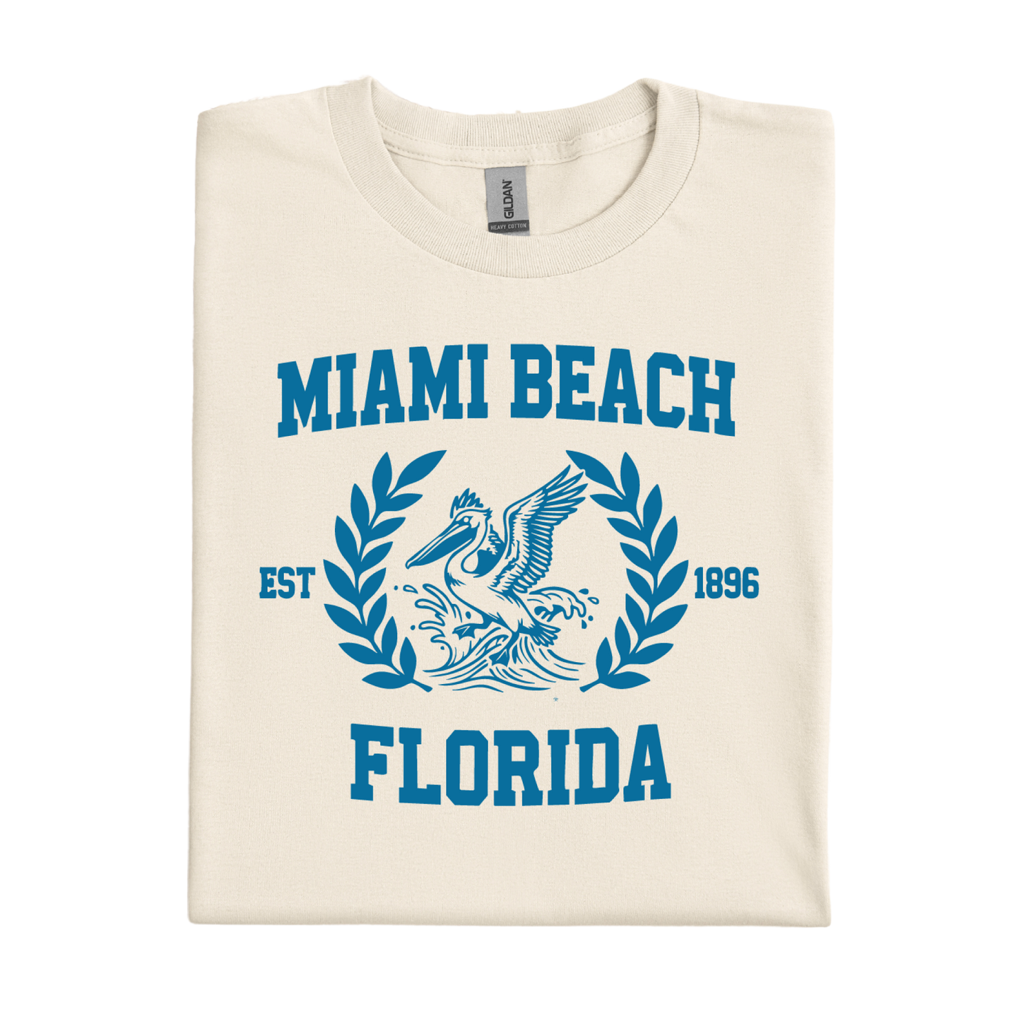 Folded t-shirt with 'Miami Beach Florida' text and graphic on a white background