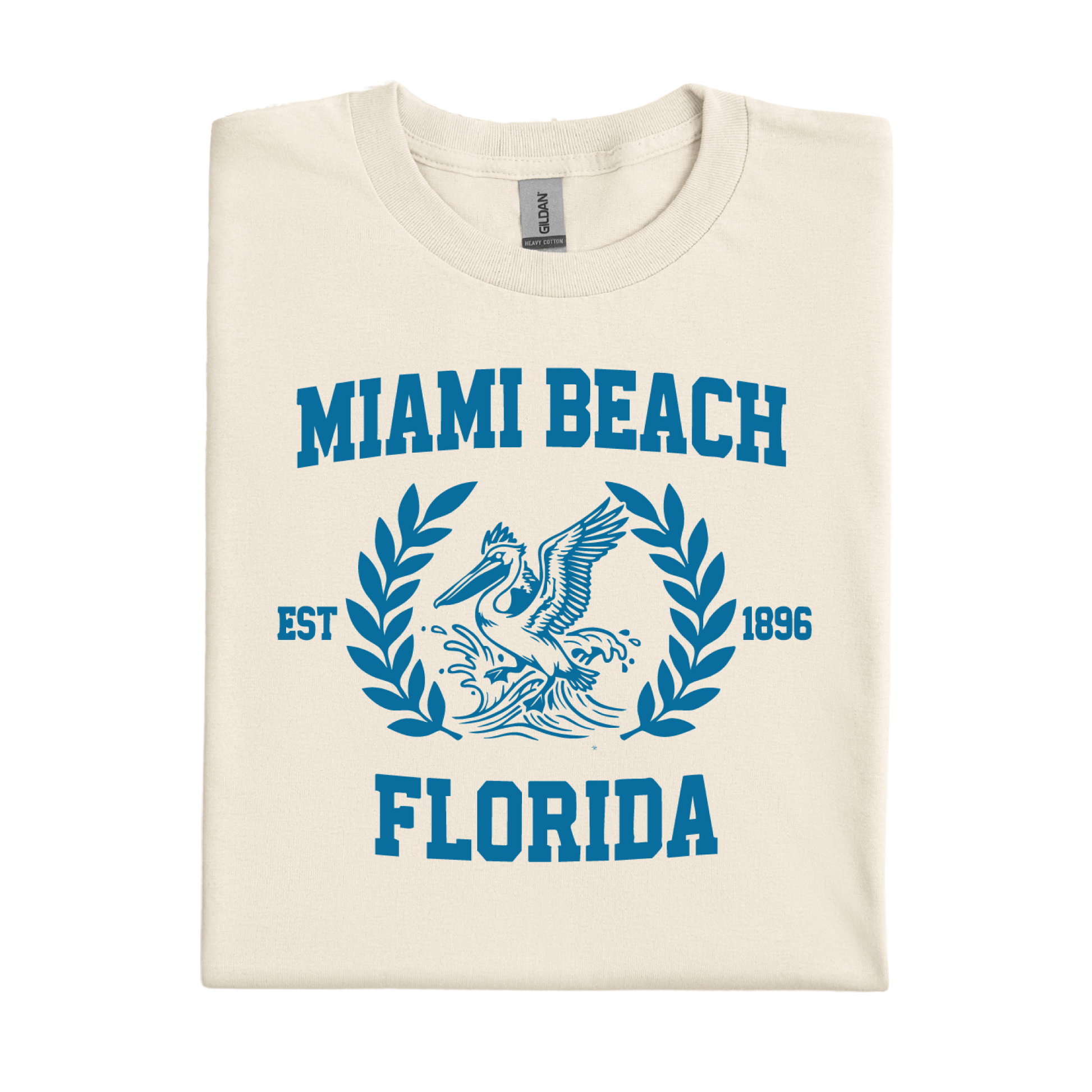 Folded t-shirt with 'Miami Beach Florida' text and graphic on a white background