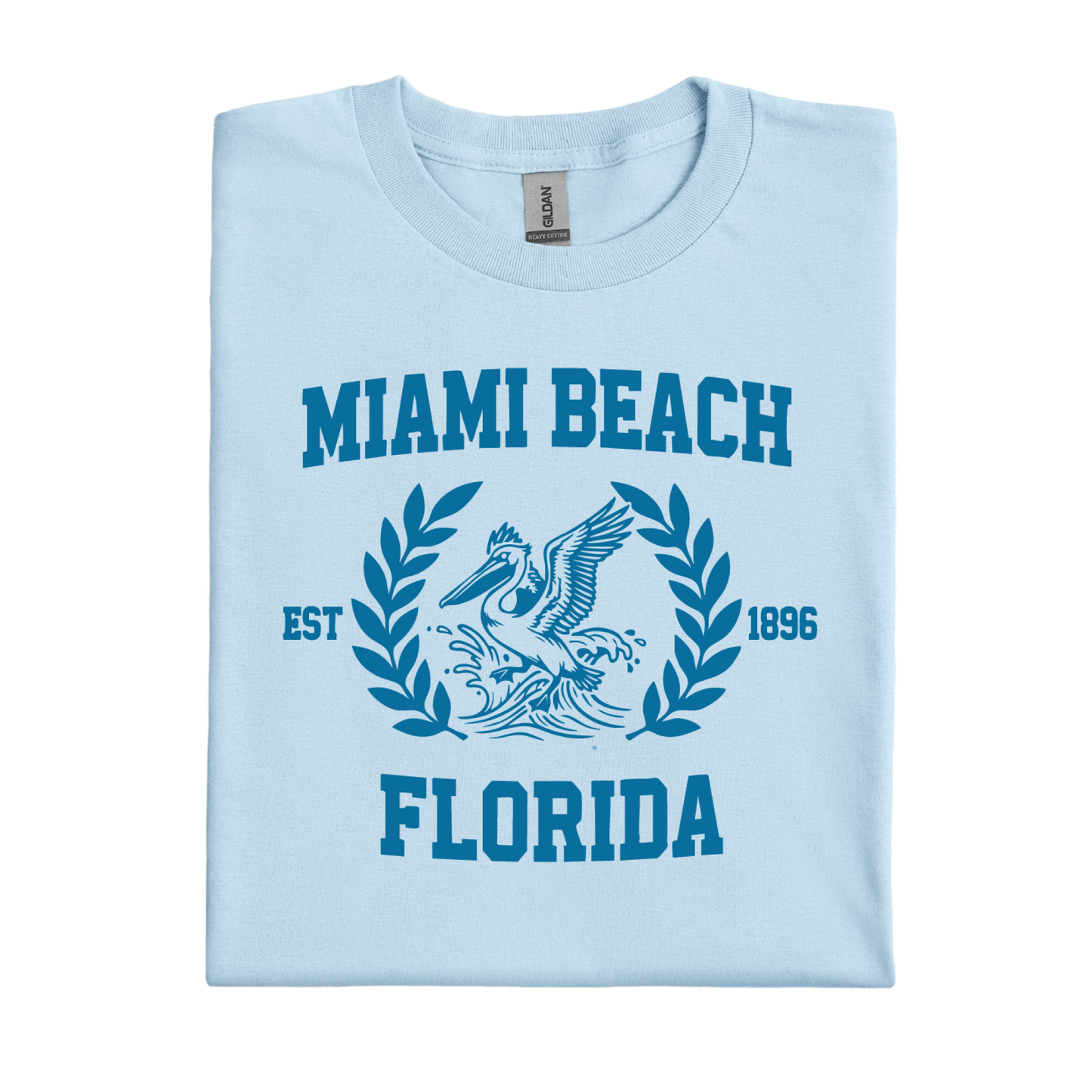 Light blue t-shirt with 'Miami Beach Florida' design on a white background