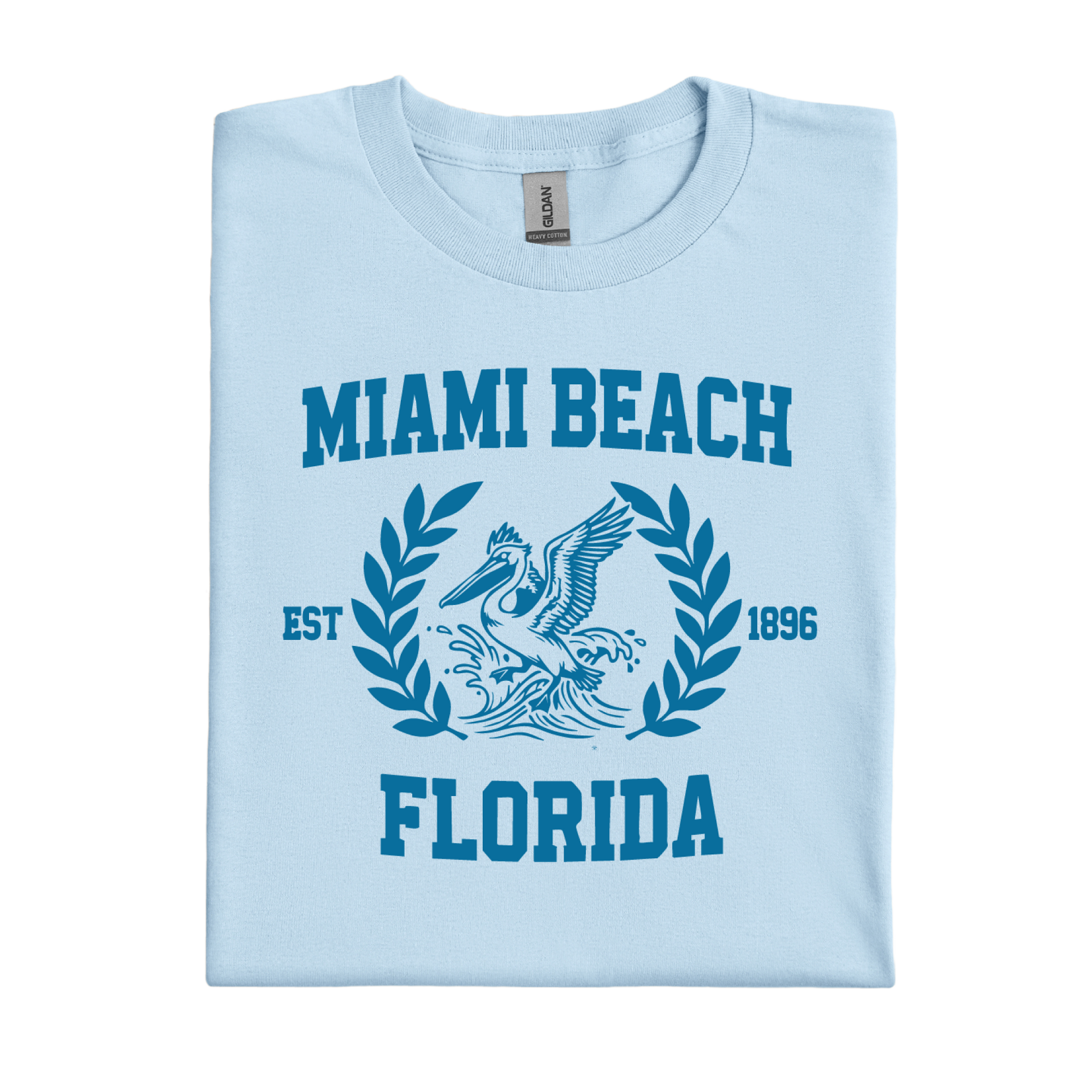 Light blue t-shirt with 'Miami Beach Florida' design on a white background