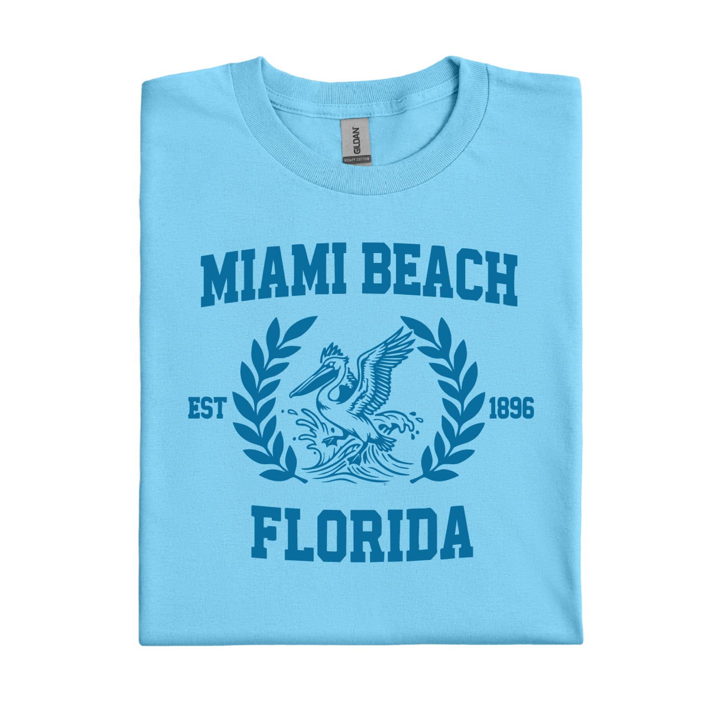 Sky blue t-shirt with 'Miami Beach Florida' text and graphic on a white background