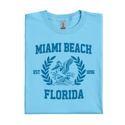 Sky blue t-shirt with 'Miami Beach Florida' text and graphic on a white background