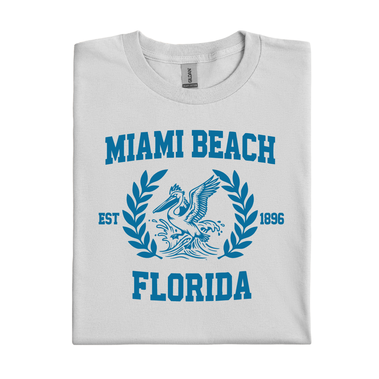 Folded t-shirt with 'Miami Beach Florida' text and design on a white background