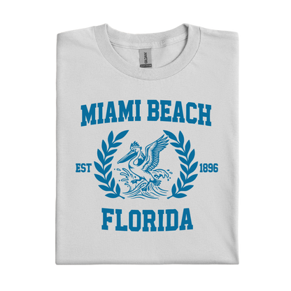 Folded t-shirt with 'Miami Beach Florida' text and design on a white background