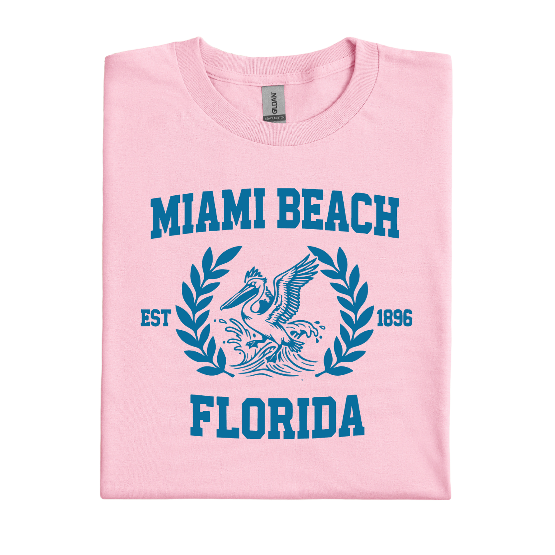 Pink t-shirt with blue 'Miami Beach Florida' design on a white background