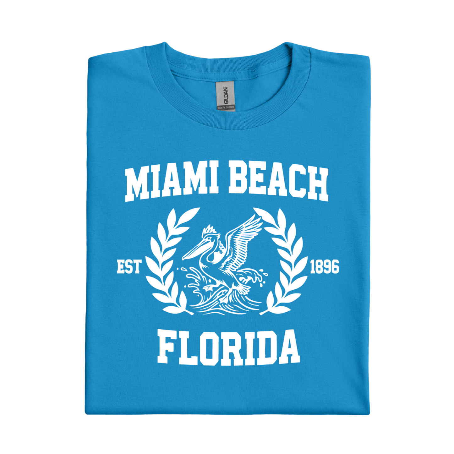 Sapphire Blue t-shirt with 'Miami Beach Florida' text and pelican design on a white background