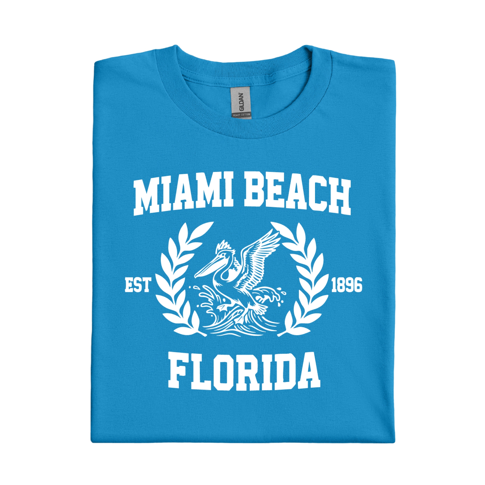 Sapphire Blue t-shirt with 'Miami Beach Florida' text and pelican design on a white background