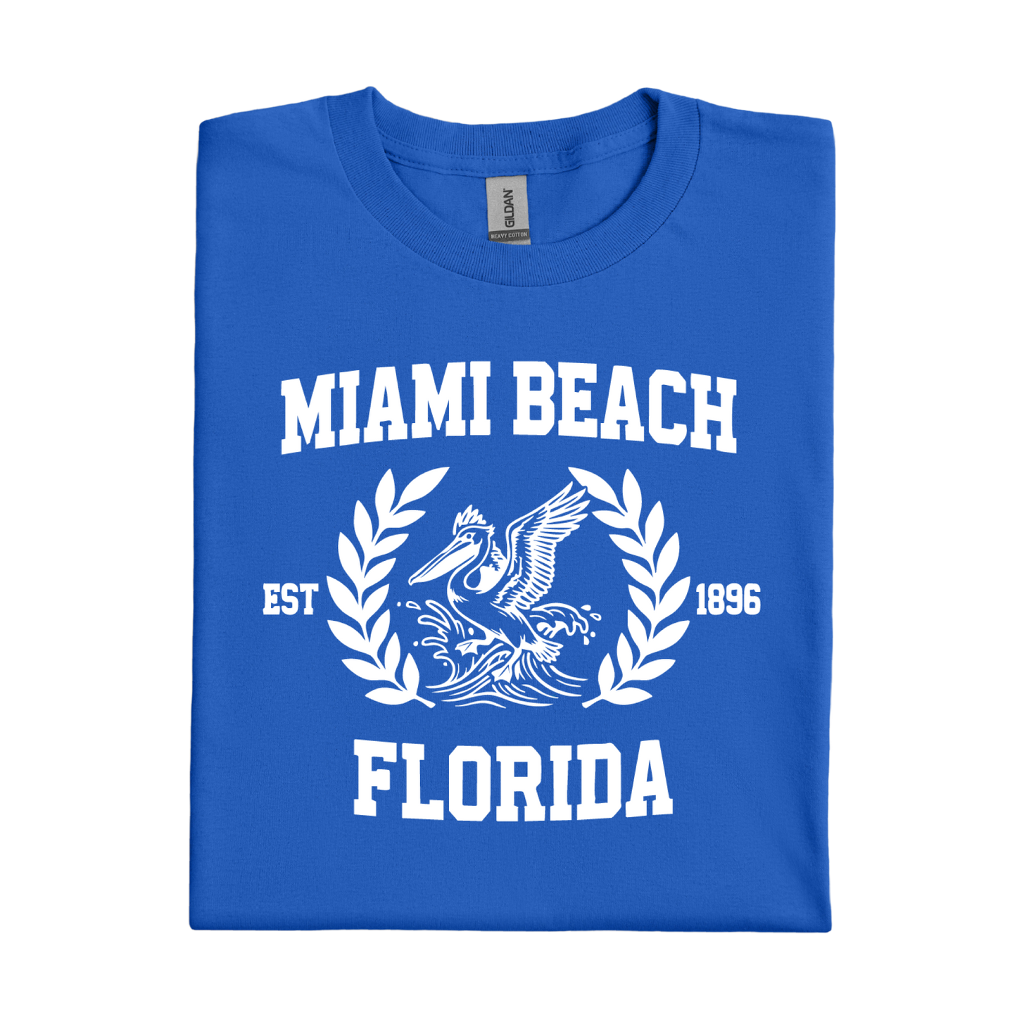 Royal Blue t-shirt with 'Miami Beach Florida' text and pelican design on a white background