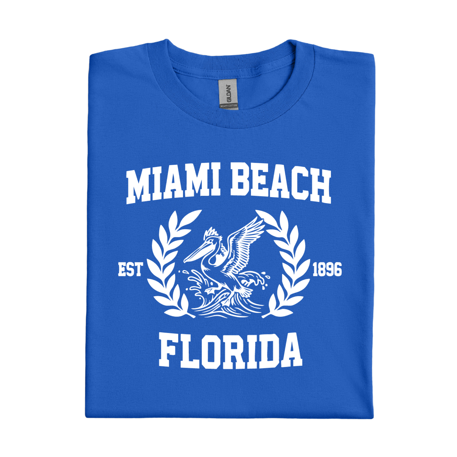 Royal Blue t-shirt with 'Miami Beach Florida' text and pelican design on a white background