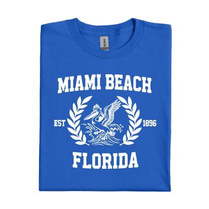 Royal Blue t-shirt with 'Miami Beach Florida' text and pelican design on a white background