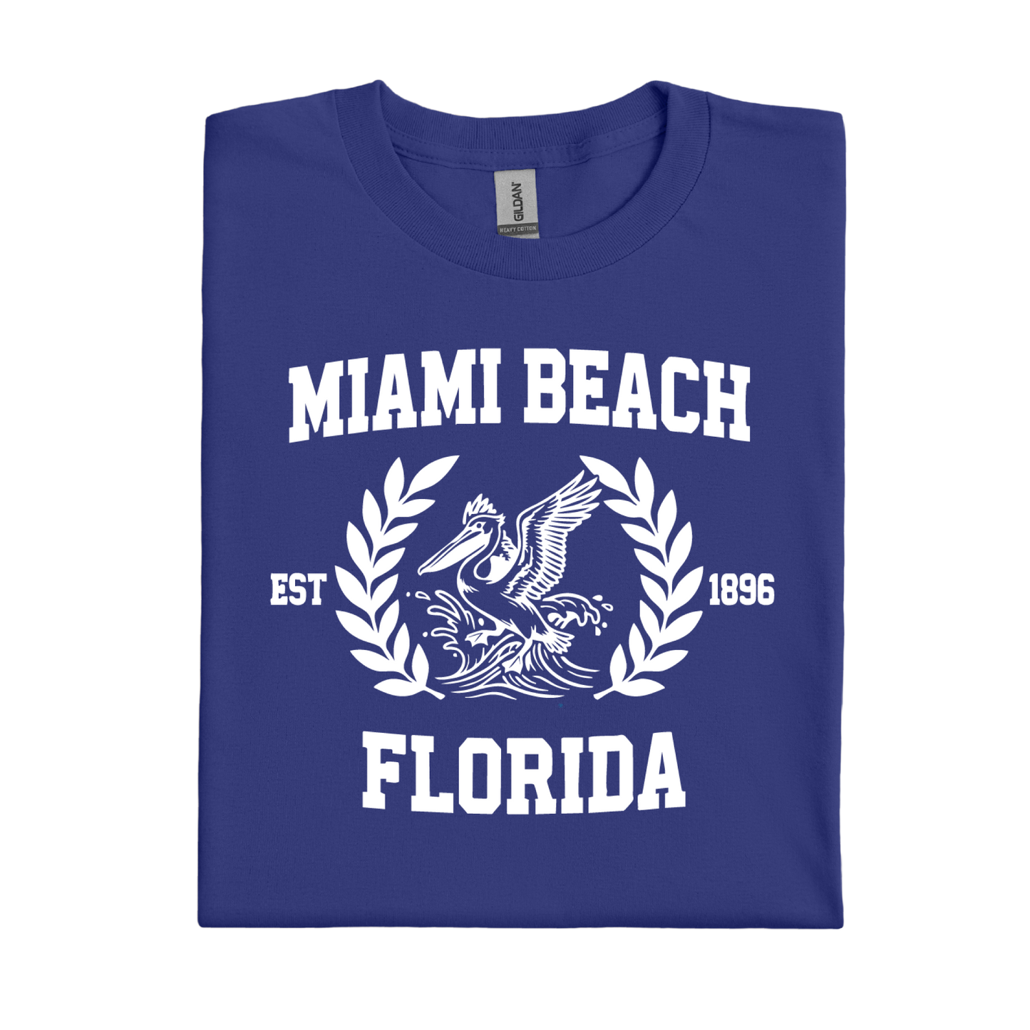 Cobalt Blue t-shirt with 'Miami Beach Florida' design on a white background