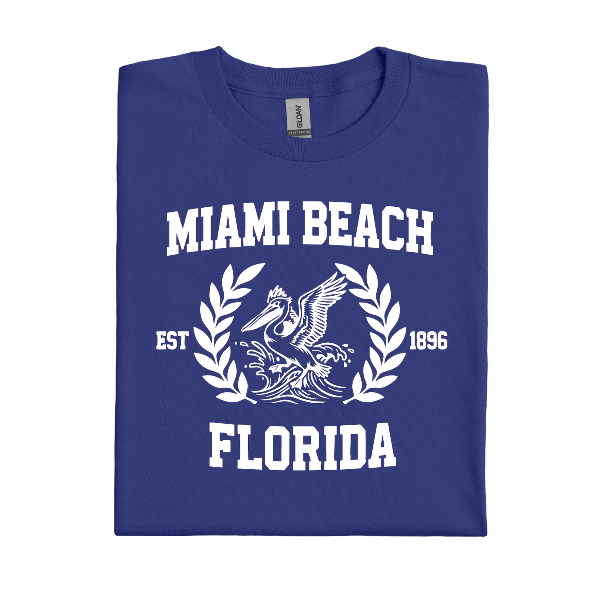 Cobalt Blue t-shirt with 'Miami Beach Florida' design on a white background
