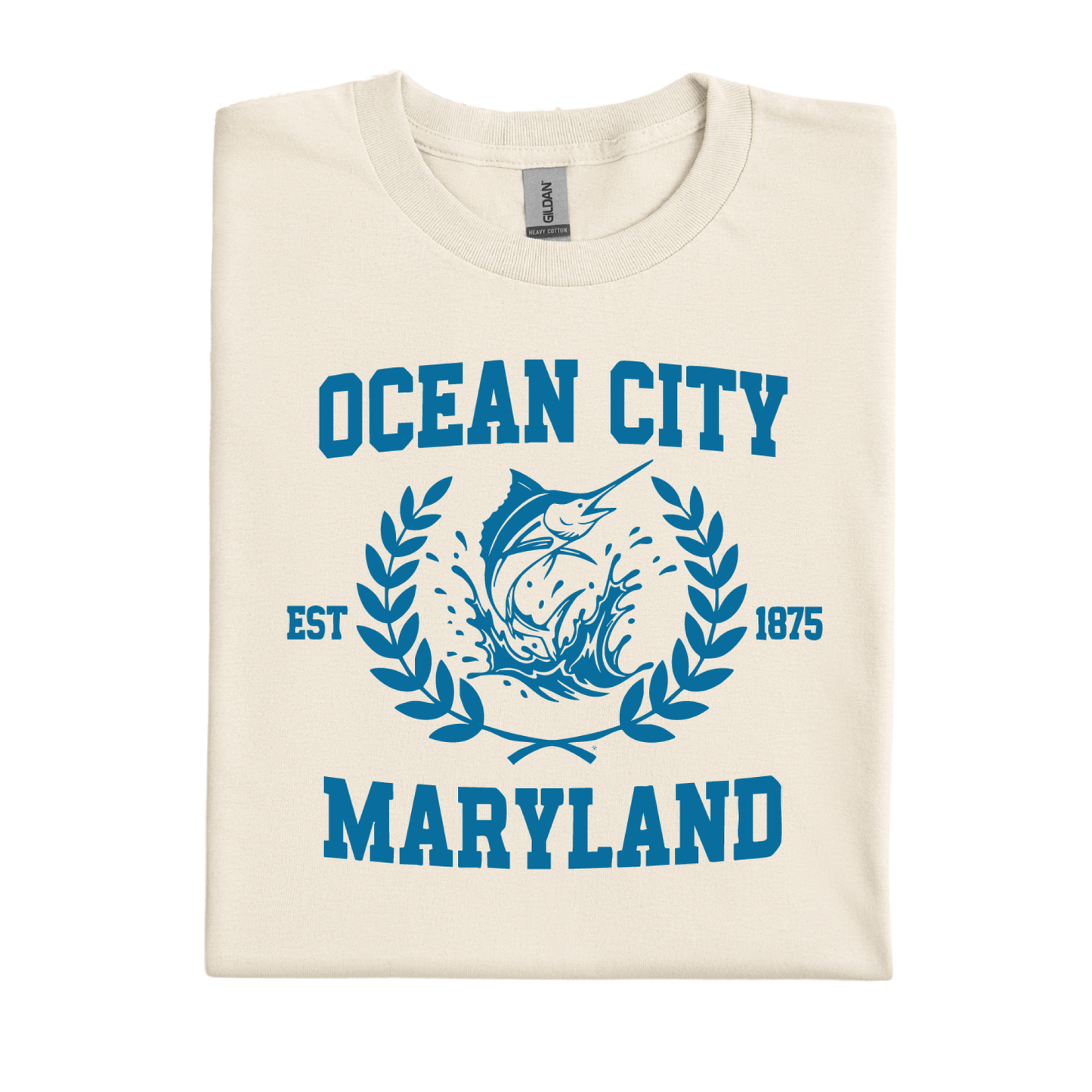 Natural t-shirt with blue 'Ocean City, Maryland' text and graphic on a white background