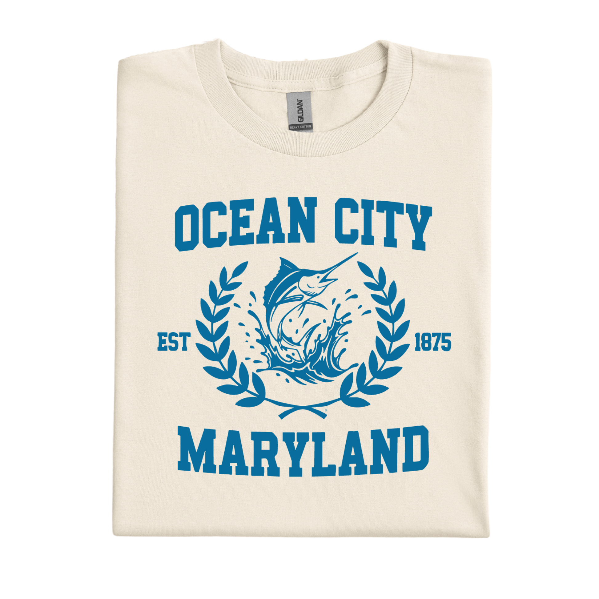 Natural t-shirt with blue 'Ocean City, Maryland' text and graphic on a white background