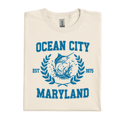 Natural t-shirt with blue 'Ocean City, Maryland' text and graphic on a white background