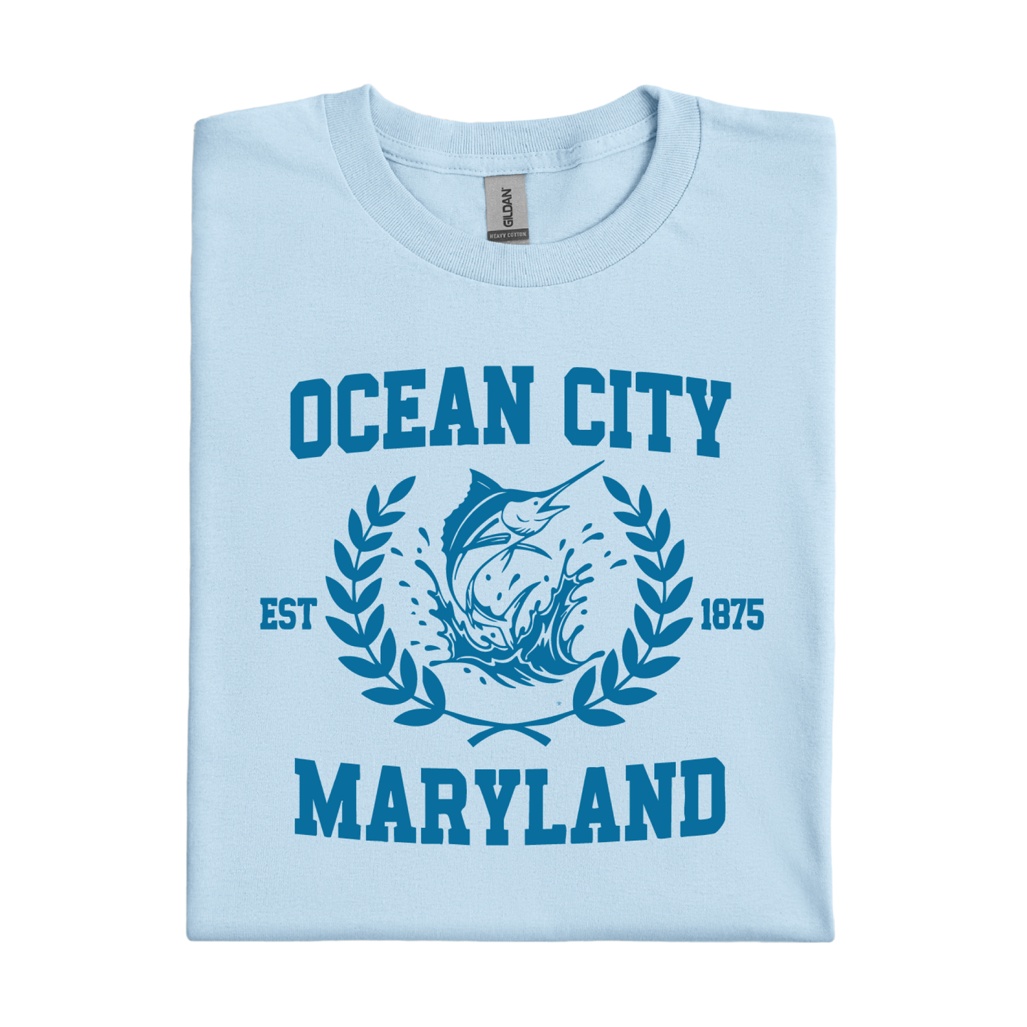 Light blue t-shirt with 'Ocean City, Maryland' design on a white background