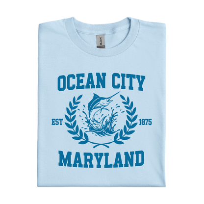 Light blue t-shirt with 'Ocean City, Maryland' design on a white background