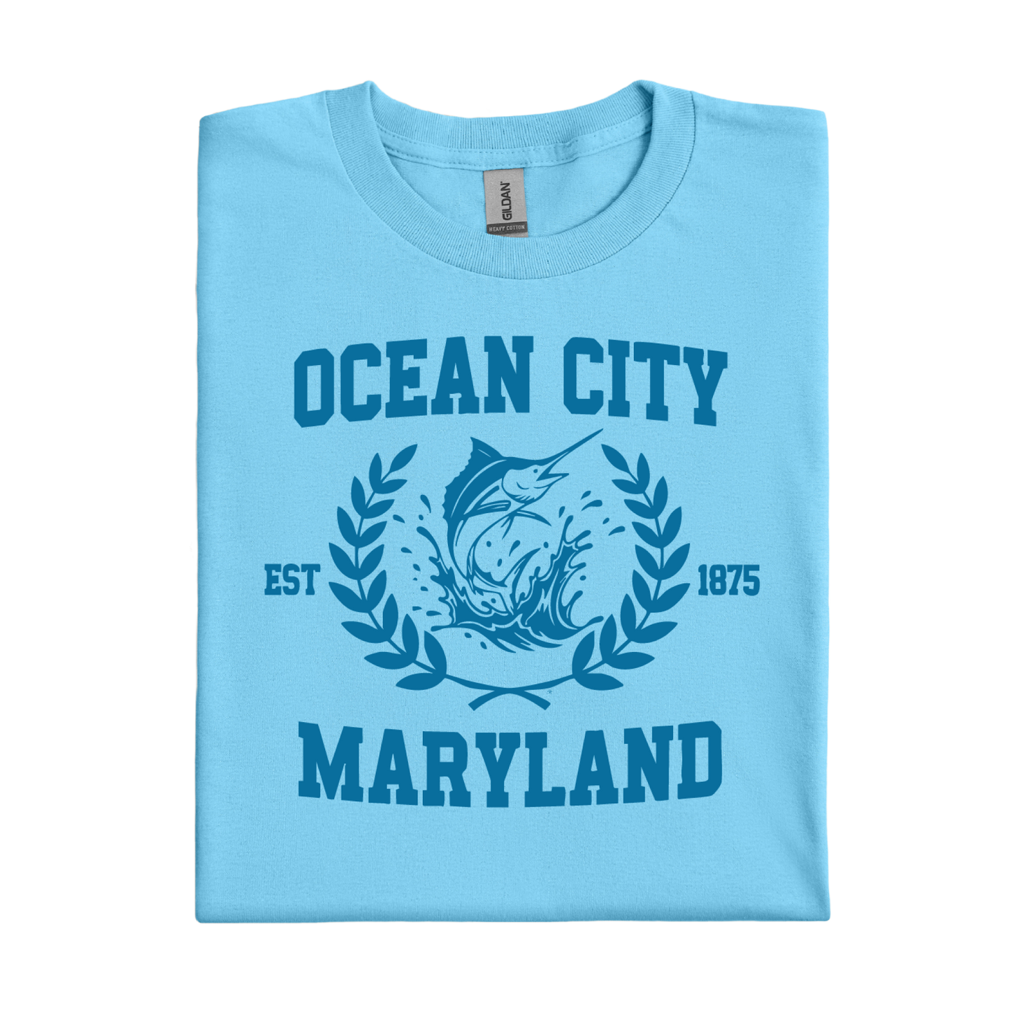 Ocean blue t-shirt with 'Ocean City, Maryland' design on a white background