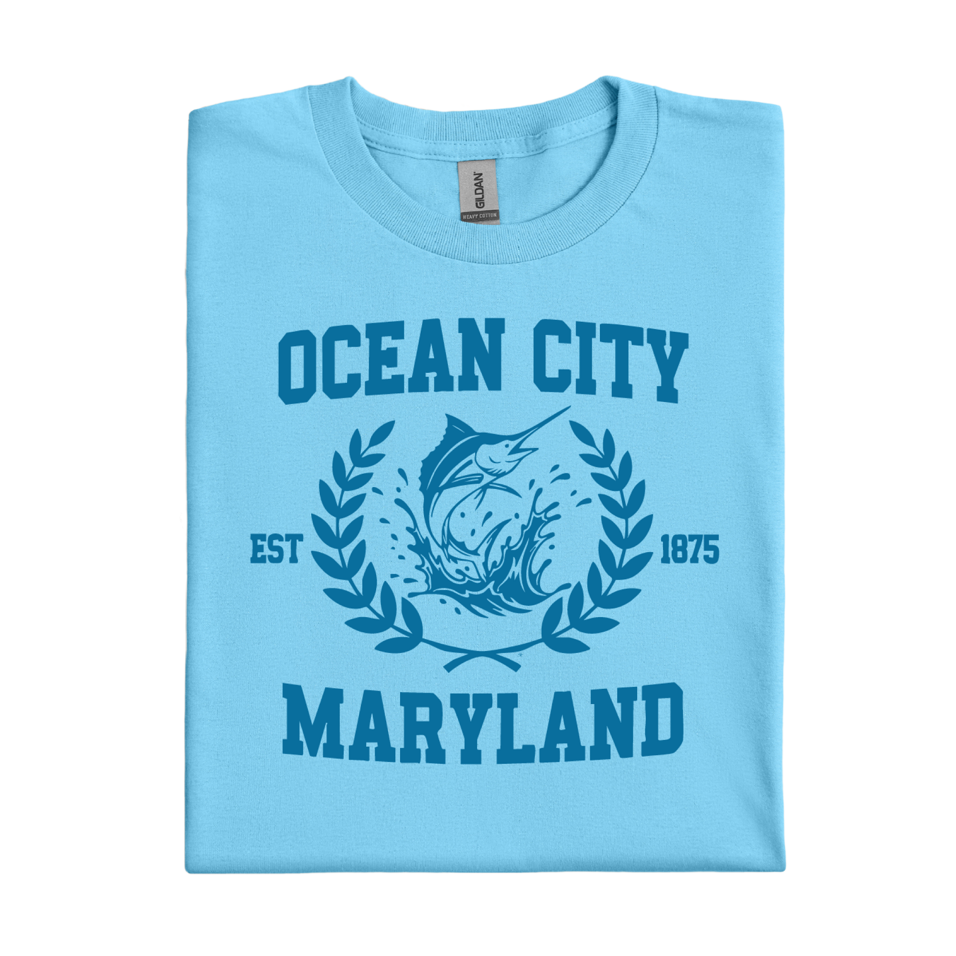 Ocean blue t-shirt with 'Ocean City, Maryland' design on a white background