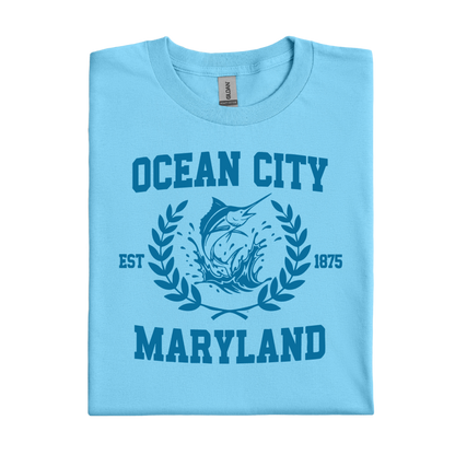 Ocean blue t-shirt with 'Ocean City, Maryland' design on a white background