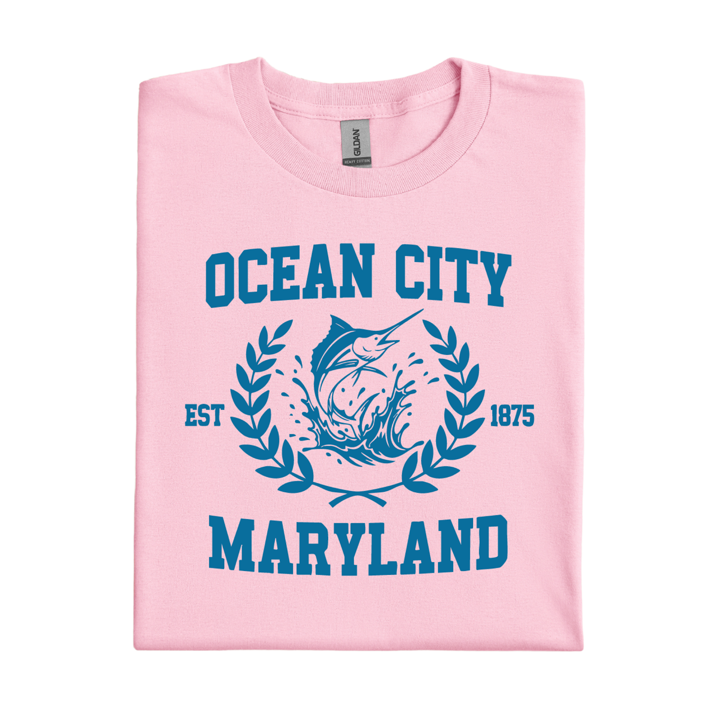 Pink t-shirt with blue 'Ocean City, Maryland' text and graphic on a white background