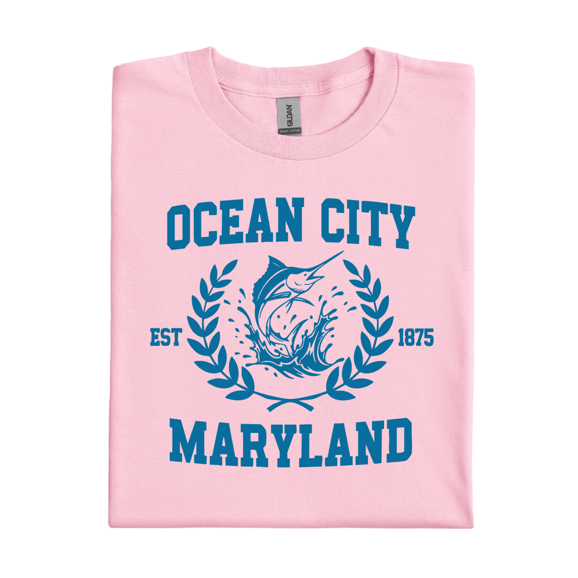 Pink t-shirt with blue 'Ocean City, Maryland' text and graphic on a white background