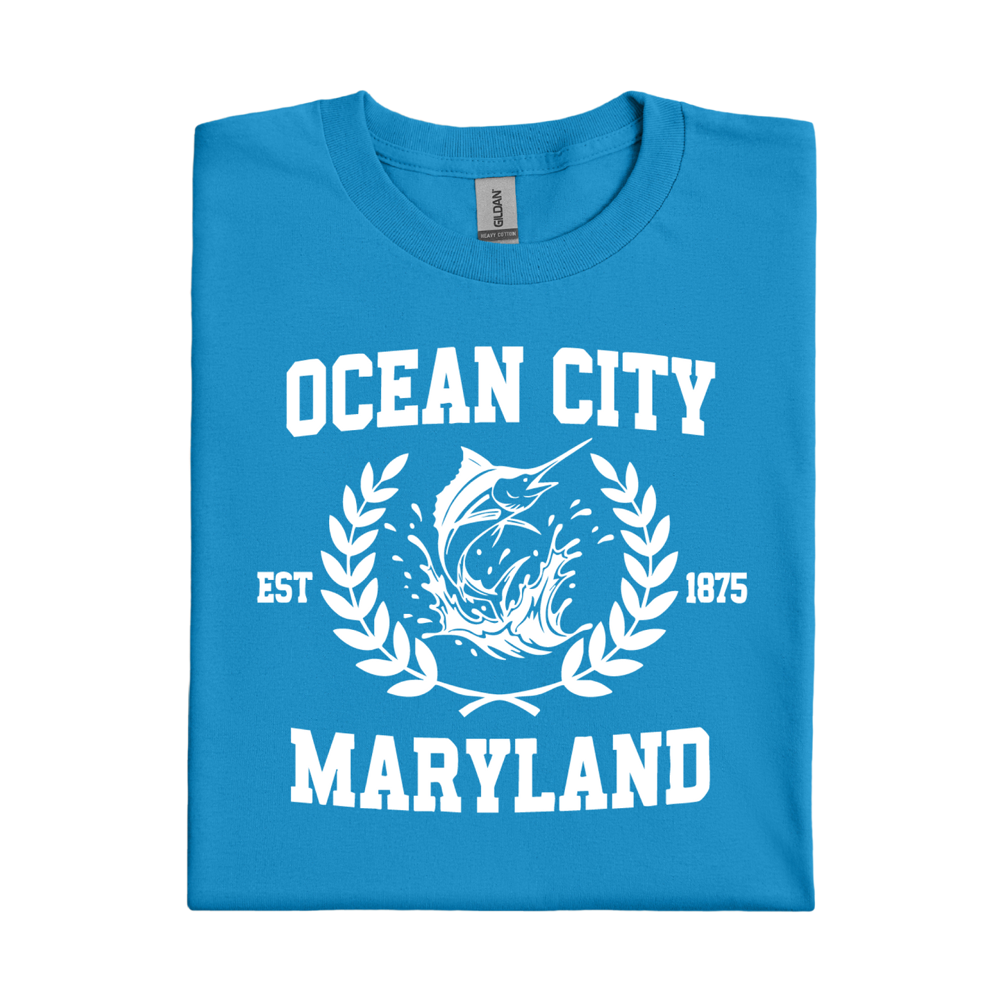 Sapphire Blue t-shirt with white 'Ocean City, Maryland' text and graphic on a white background