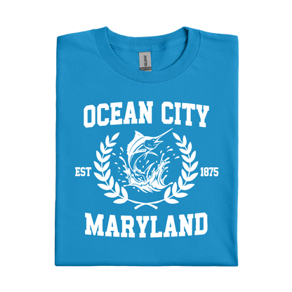 Sapphire Blue t-shirt with white 'Ocean City, Maryland' text and graphic on a white background