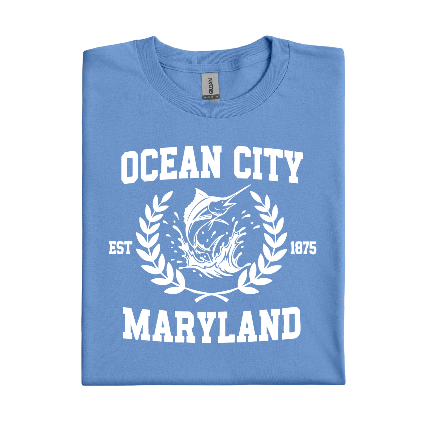 Folded Carolina blue t-shirt with 'Ocean City, Maryland' text and graphic on a white background.