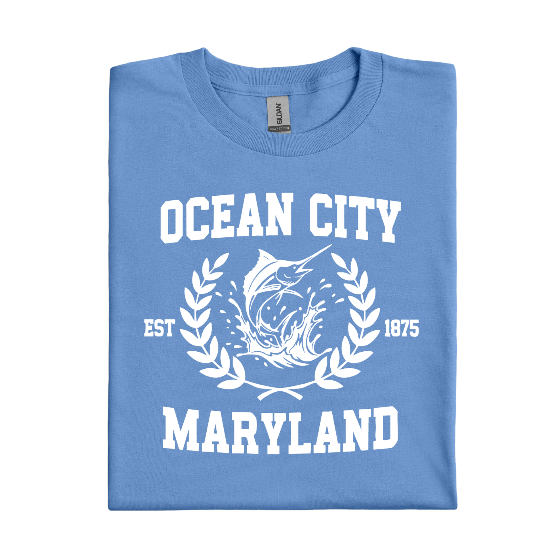 Folded Carolina blue t-shirt with 'Ocean City, Maryland' text and graphic on a white background.