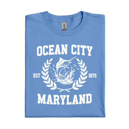 Folded Carolina blue t-shirt with 'Ocean City, Maryland' text and graphic on a white background.