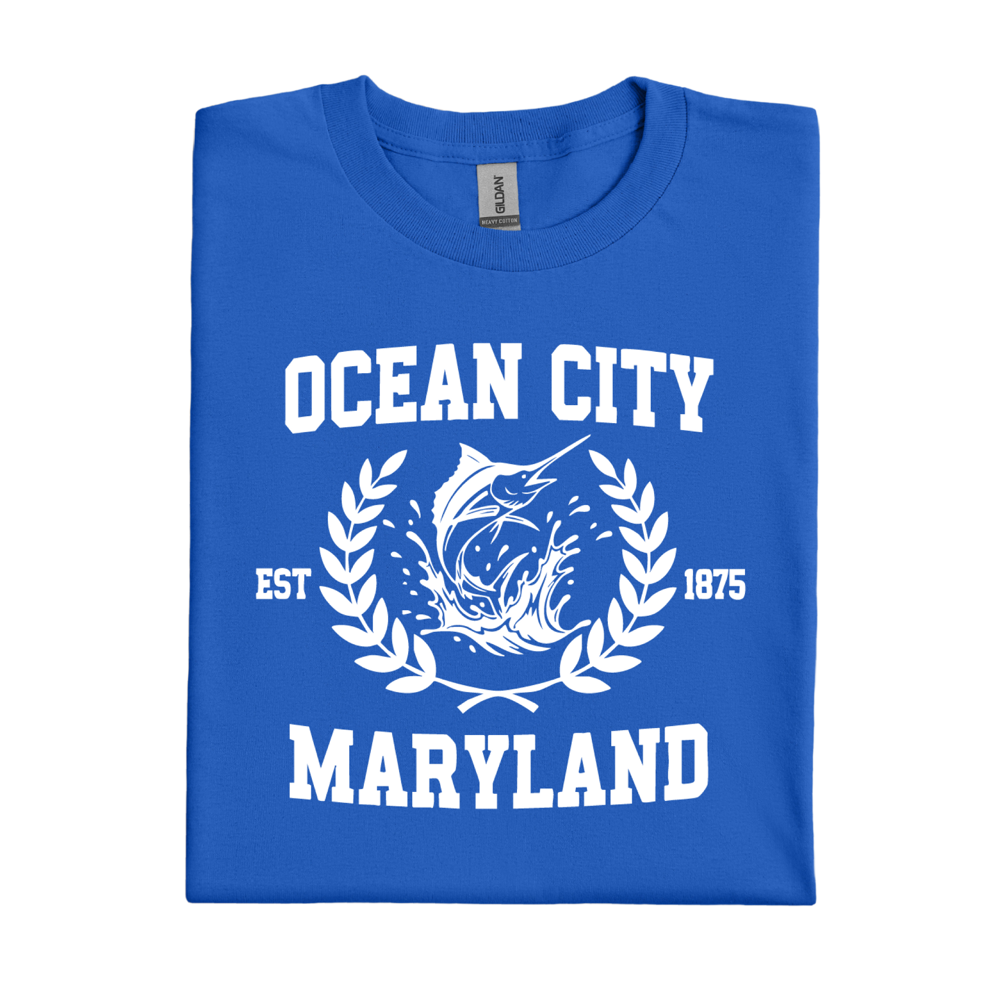 Folded royal blue t-shirt with 'Ocean City, Maryland' text and graphic on a white background