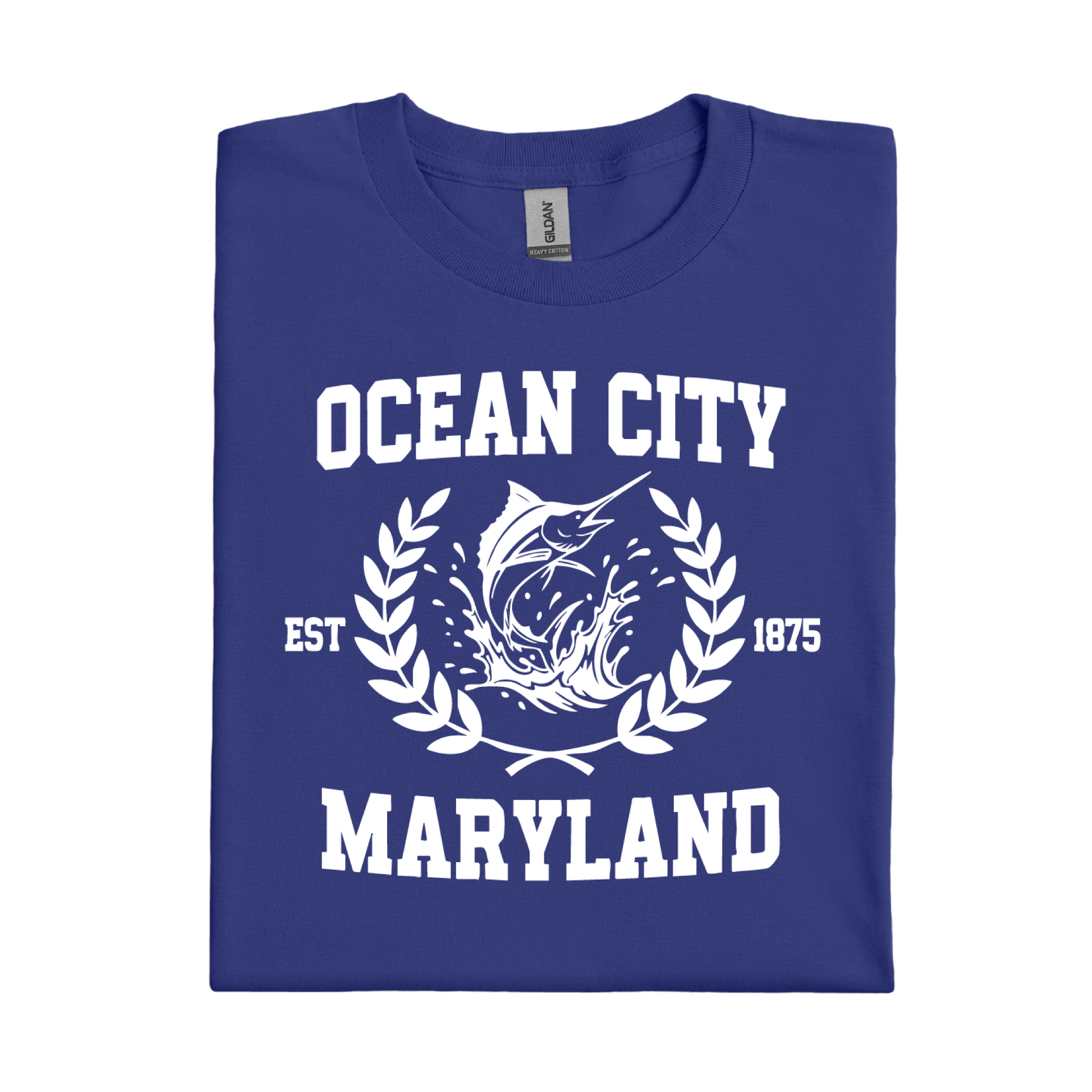 Cobalt Blue t-shirt with 'Ocean City, Maryland' text and graphic on a white background