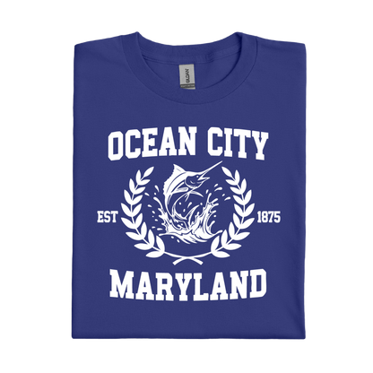 Cobalt Blue t-shirt with 'Ocean City, Maryland' text and graphic on a white background