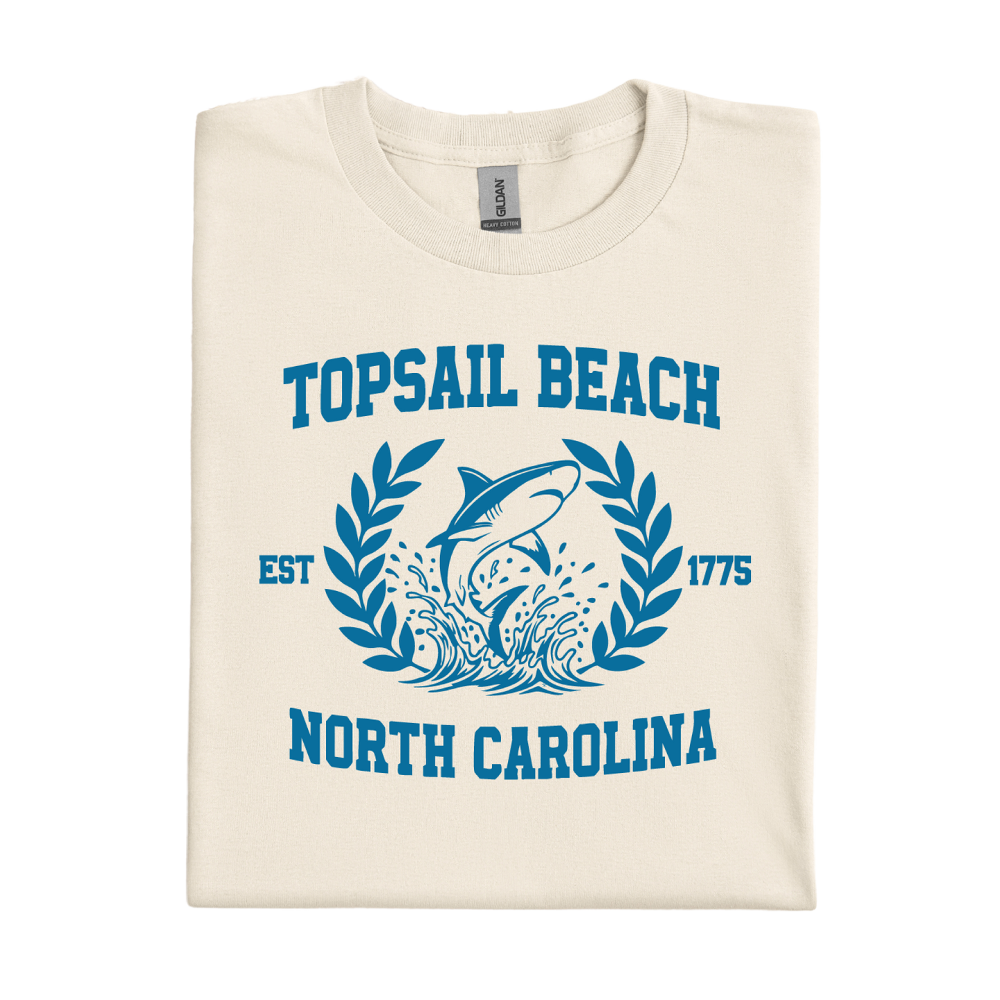 Natural t-shirt with blue graphic and text 'Topsail Beach, North Carolina' on a white background