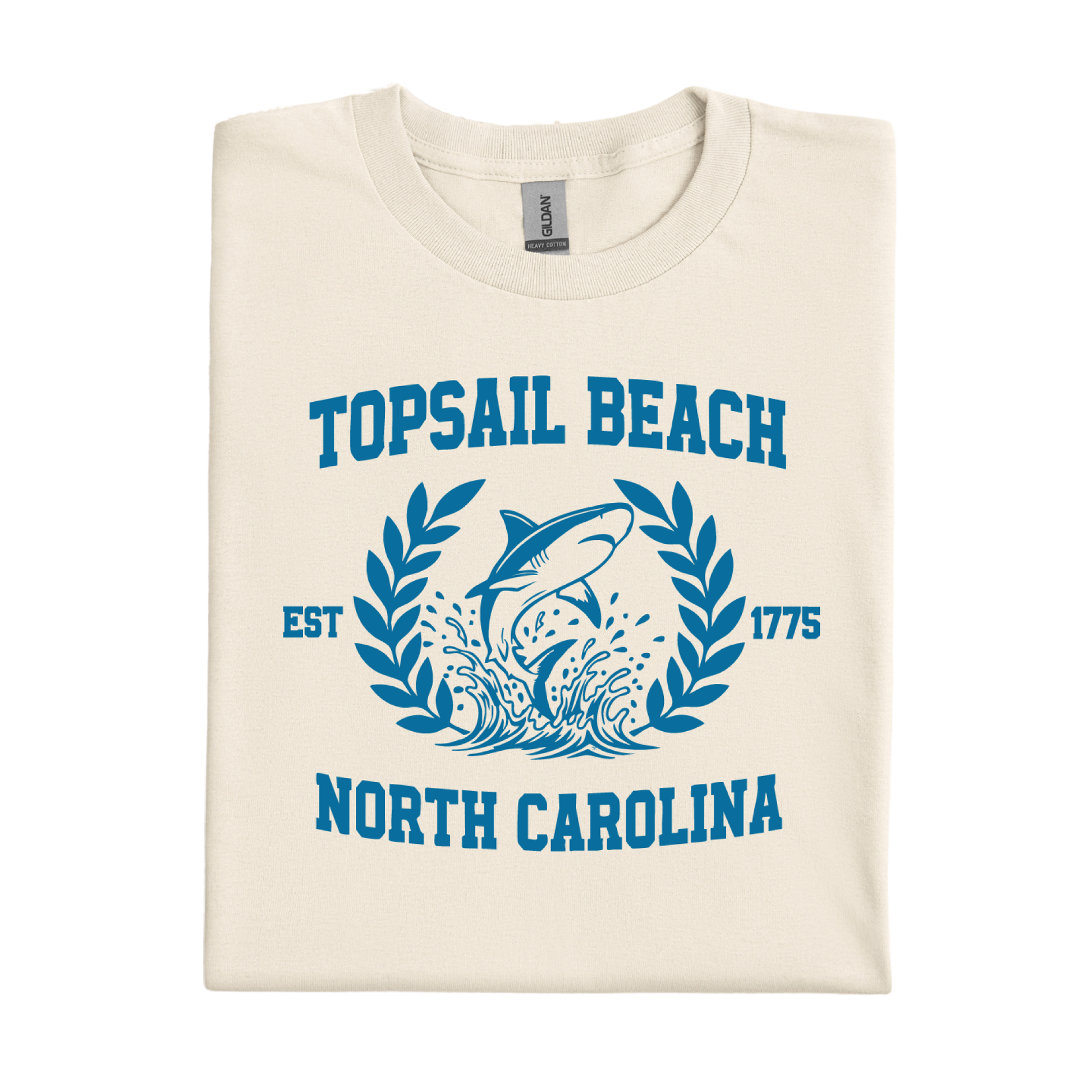 Natural t-shirt with blue graphic and text 'Topsail Beach, North Carolina' on a white background
