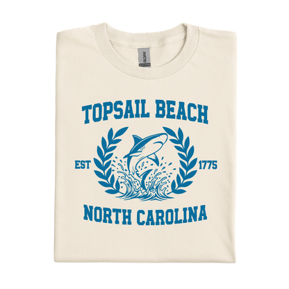 Natural t-shirt with blue graphic and text 'Topsail Beach, North Carolina' on a white background