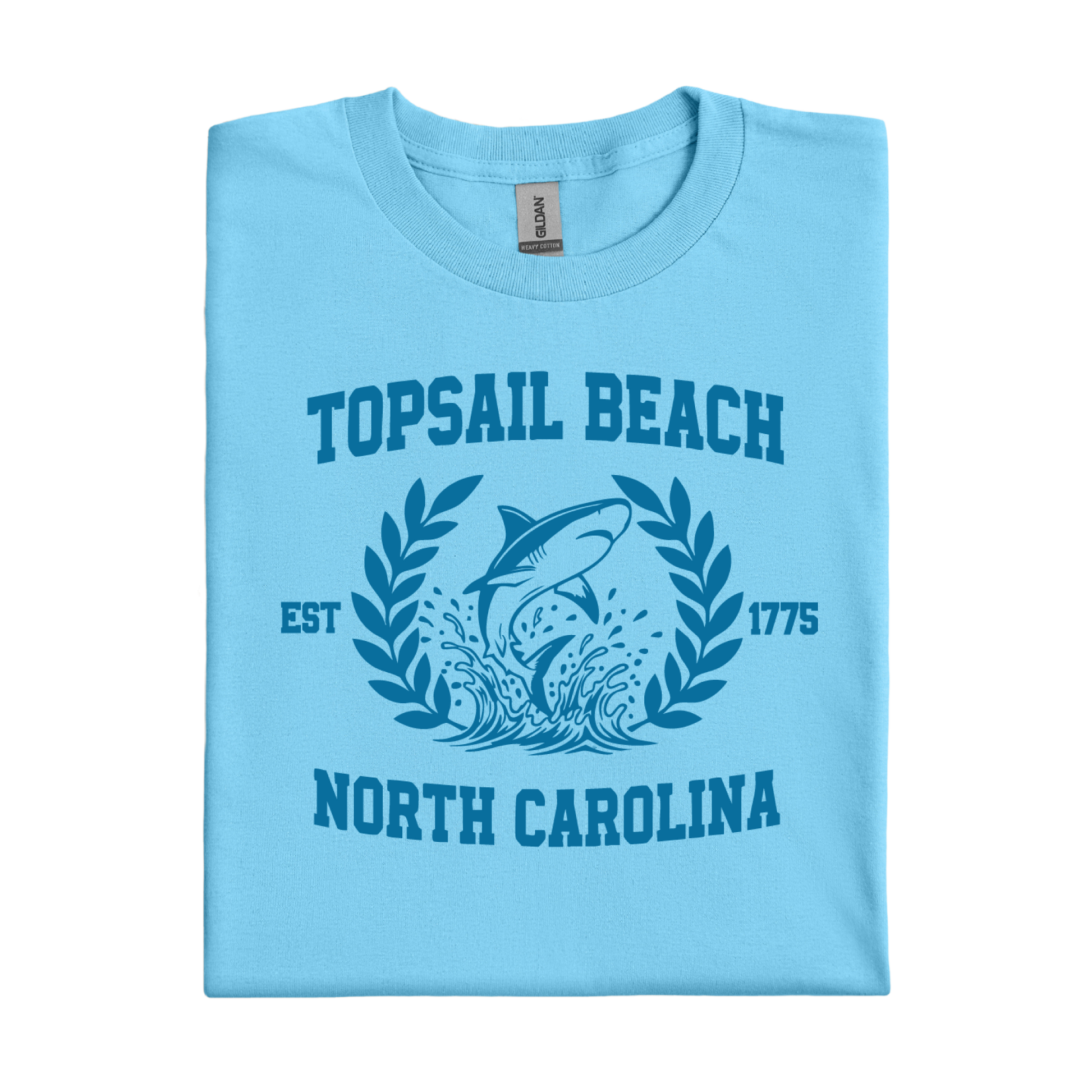 Sky blue t-shirt with Topsail Beach, North Carolina design on a white background