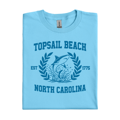 Sky blue t-shirt with Topsail Beach, North Carolina design on a white background