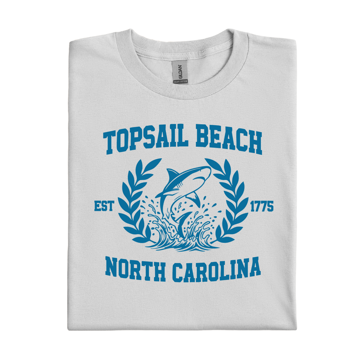 Ice Grey t-shirt with blue graphic and text about Topsail Beach, North Carolina