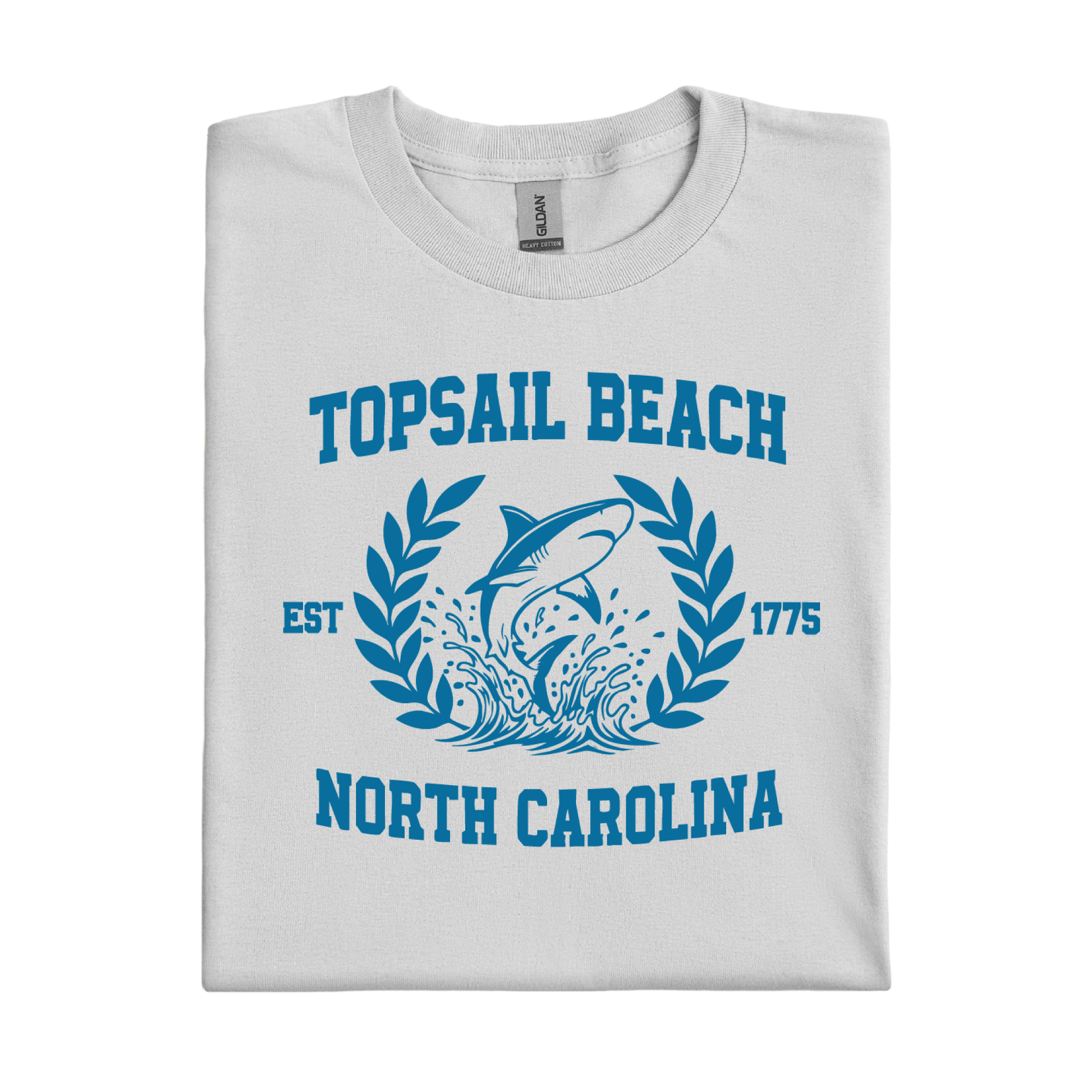 Ice Grey t-shirt with blue graphic and text about Topsail Beach, North Carolina