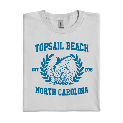 Ice Grey t-shirt with blue graphic and text about Topsail Beach, North Carolina