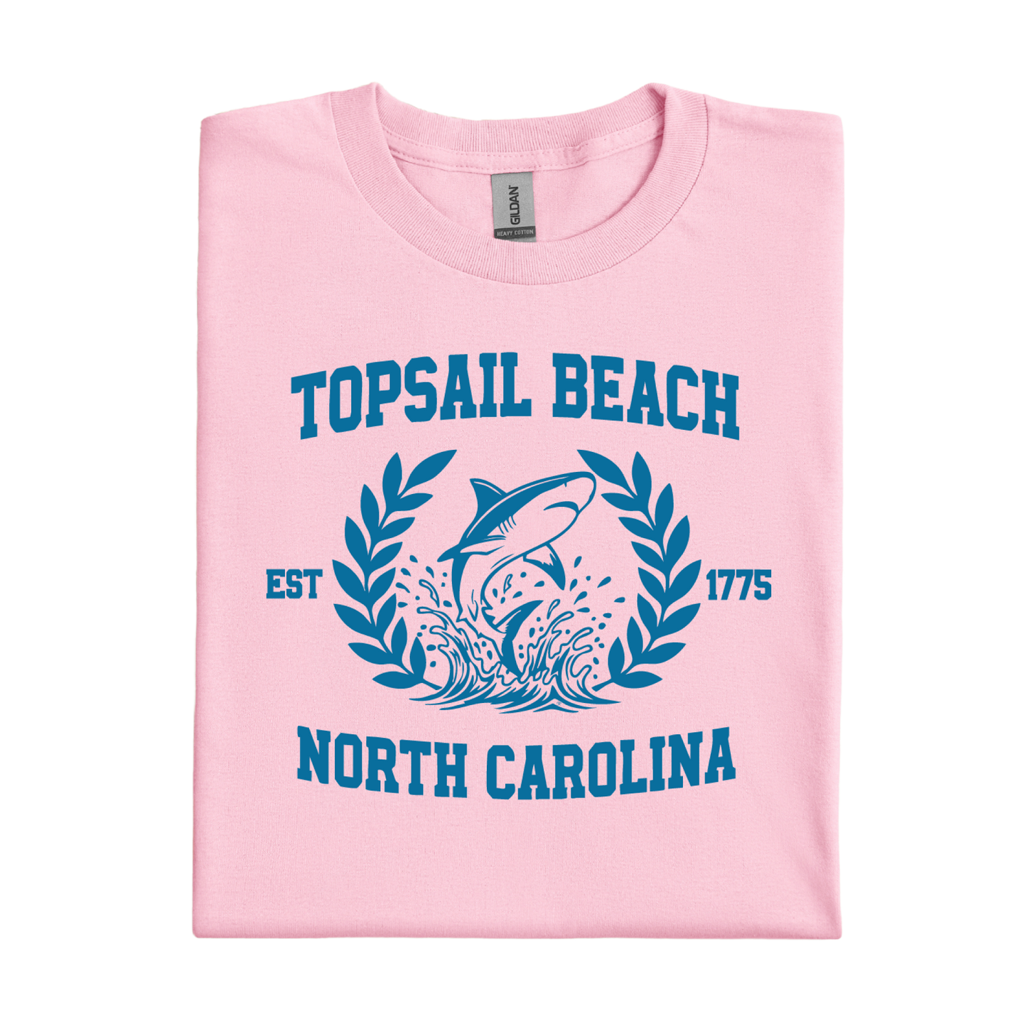 Pink t-shirt with blue graphic and text about Topsail Beach, North Carolina