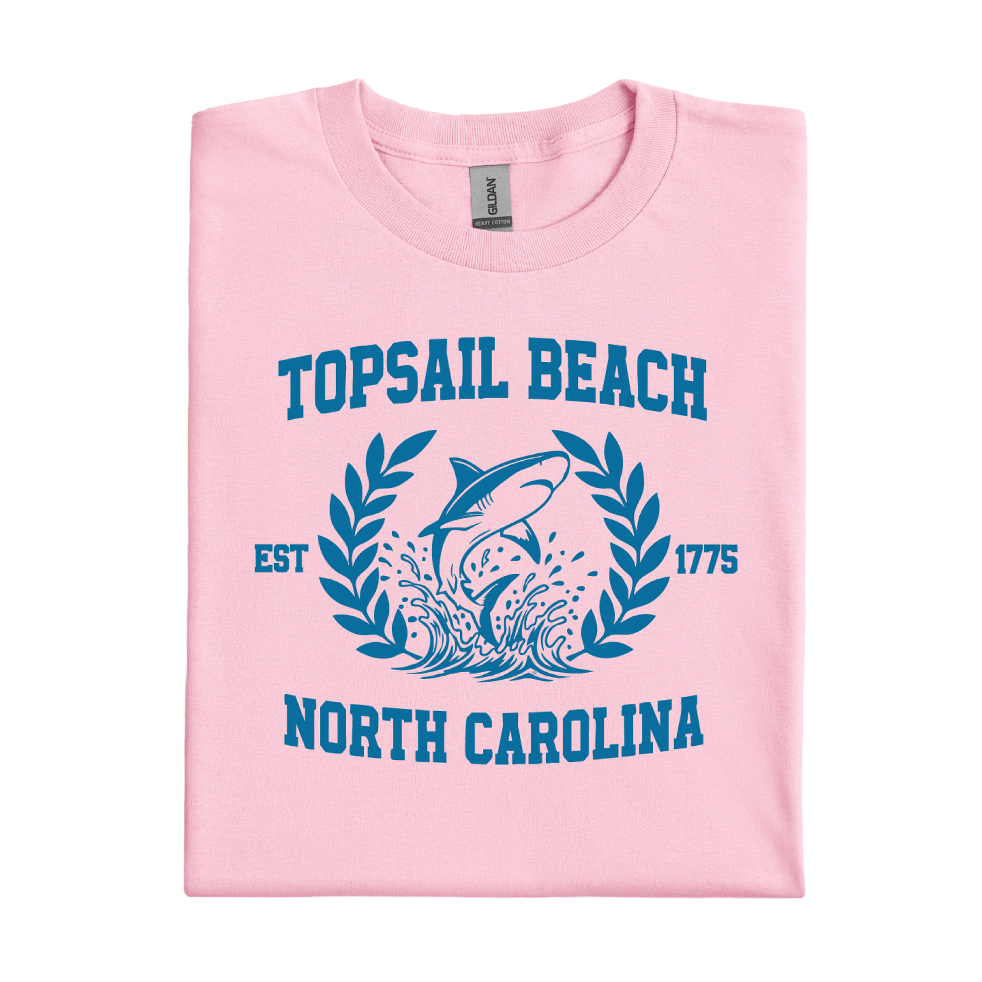 Pink t-shirt with blue graphic and text about Topsail Beach, North Carolina