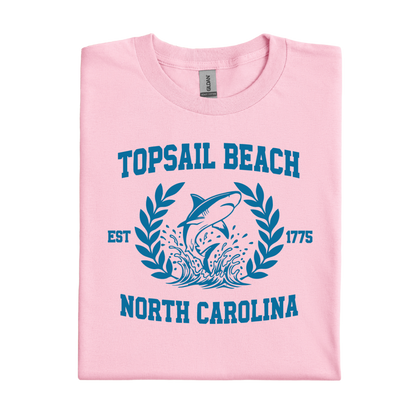 Pink t-shirt with blue graphic and text about Topsail Beach, North Carolina